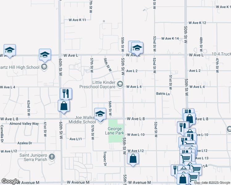 map of restaurants, bars, coffee shops, grocery stores, and more near 5532 Cordiva Court in Lancaster