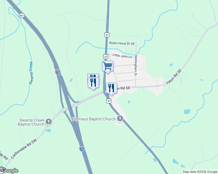 map of restaurants, bars, coffee shops, grocery stores, and more near 101-169 Tilton Road in Dalton