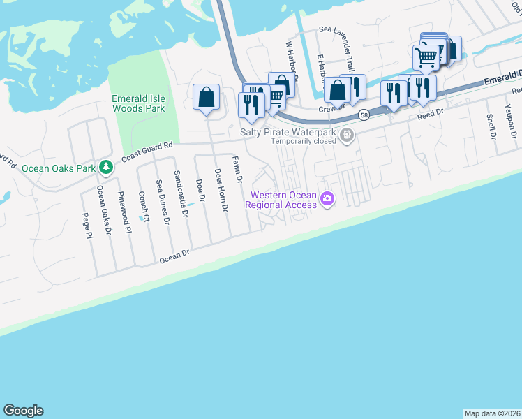 map of restaurants, bars, coffee shops, grocery stores, and more near 146 Fawn Dr in Emerald Isle