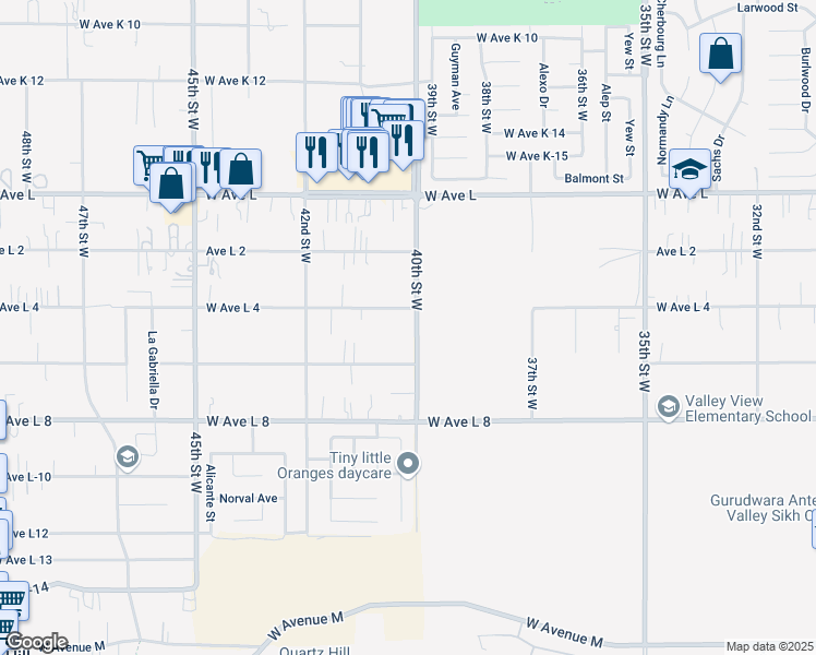 map of restaurants, bars, coffee shops, grocery stores, and more near 42545 40th Street West in Lancaster