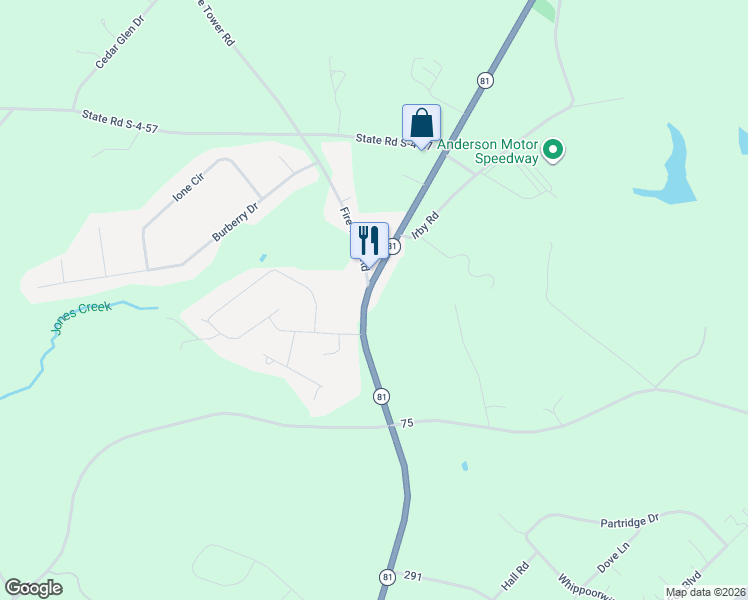 map of restaurants, bars, coffee shops, grocery stores, and more near 5150 South Carolina 81 in Williamston