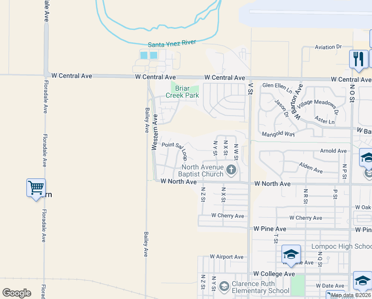 map of restaurants, bars, coffee shops, grocery stores, and more near 2001 Conception Drive in Lompoc