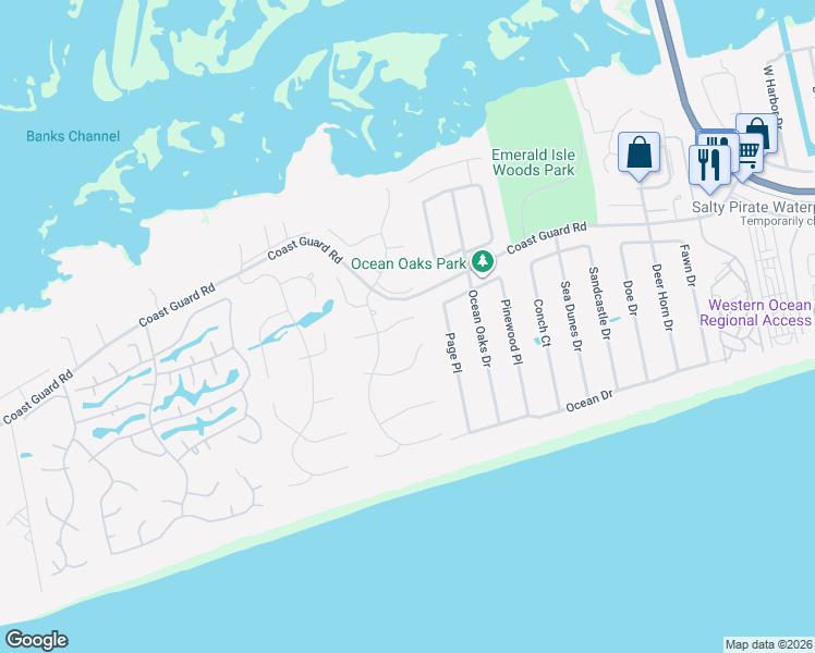 map of restaurants, bars, coffee shops, grocery stores, and more near 9707 Poseidon Road in Emerald Isle