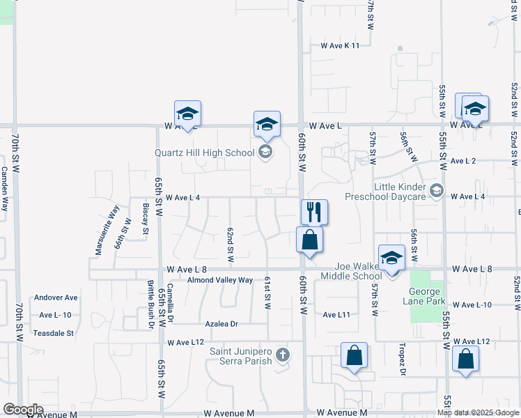 map of restaurants, bars, coffee shops, grocery stores, and more near 42534 61st Street West in Quartz Hill