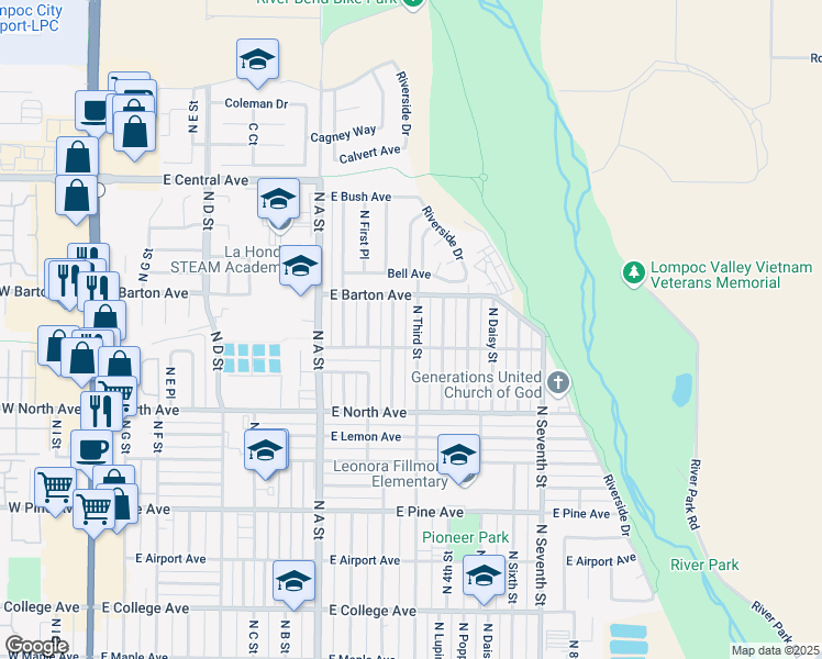 map of restaurants, bars, coffee shops, grocery stores, and more near 1113 North Third Street in Lompoc