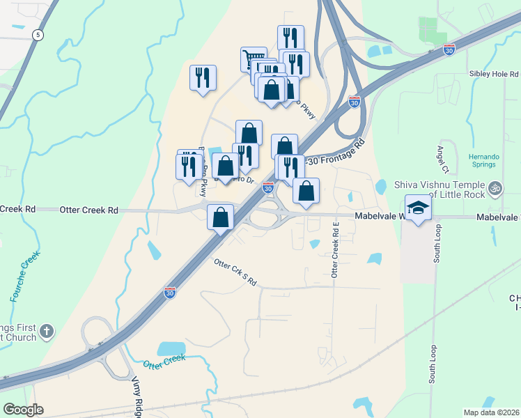 map of restaurants, bars, coffee shops, grocery stores, and more near Mabelvale West Road in Little Rock