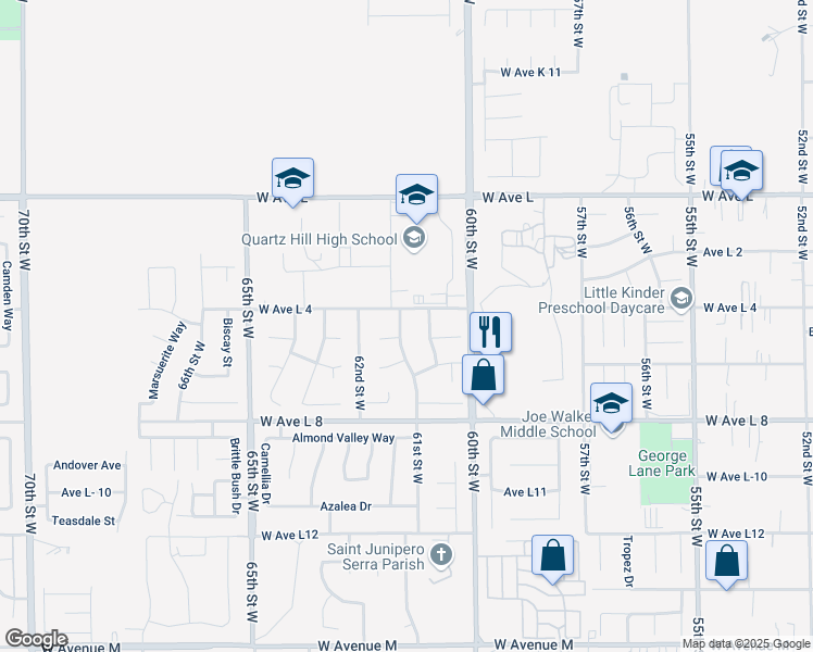 map of restaurants, bars, coffee shops, grocery stores, and more near 42534 61st Street West in Quartz Hill