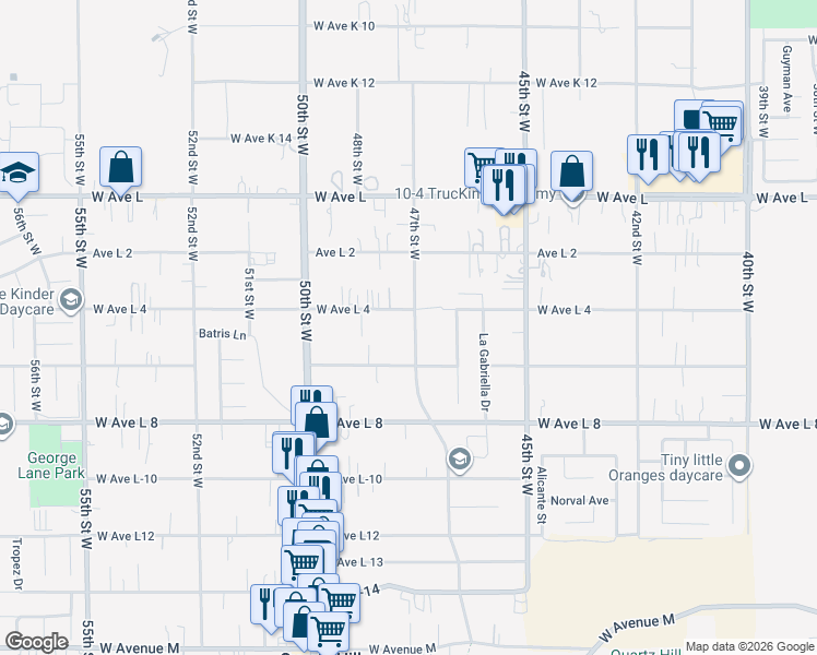 map of restaurants, bars, coffee shops, grocery stores, and more near 42539 47th Street West in Quartz Hill