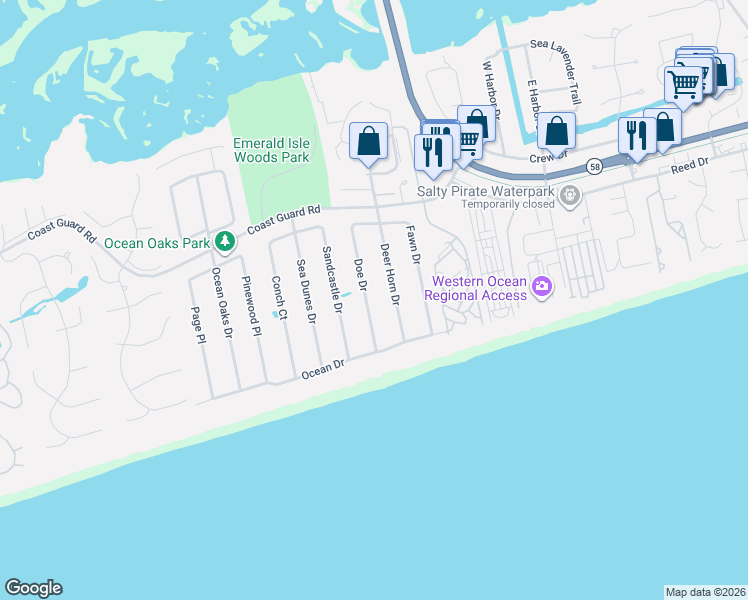 map of restaurants, bars, coffee shops, grocery stores, and more near 114 Doe Drive in Emerald Isle