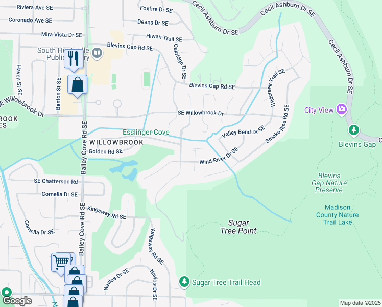 map of restaurants, bars, coffee shops, grocery stores, and more near 8002 Brookfield Cir SE in Huntsville