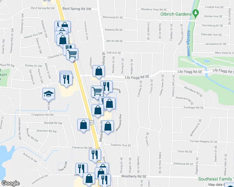 map of restaurants, bars, coffee shops, grocery stores, and more near 8305 Whitesburg Way in Huntsville