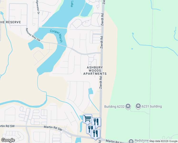 map of restaurants, bars, coffee shops, grocery stores, and more near 10 Ashbury Woods Drive Southwest in Huntsville