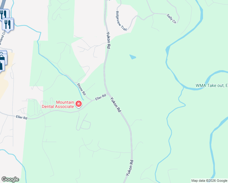 map of restaurants, bars, coffee shops, grocery stores, and more near 1525 Yukon Road in Ellijay