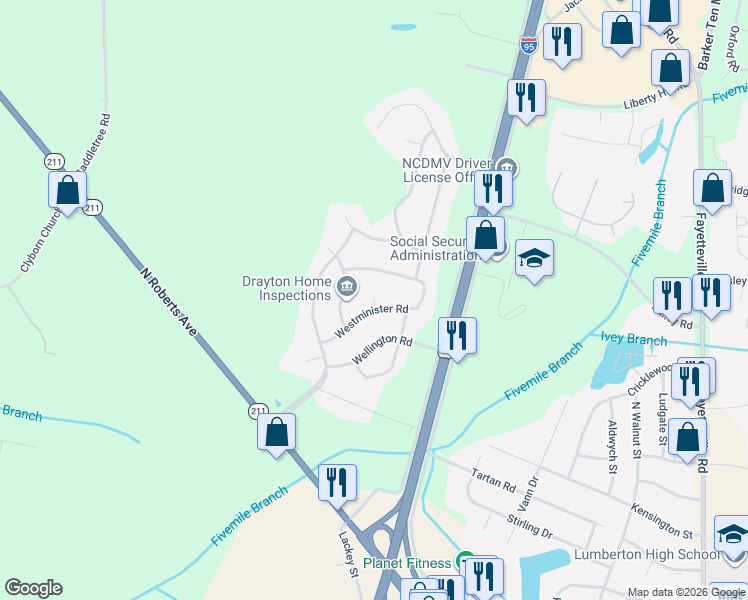 map of restaurants, bars, coffee shops, grocery stores, and more near 3900 Buckingham Circle in Lumberton