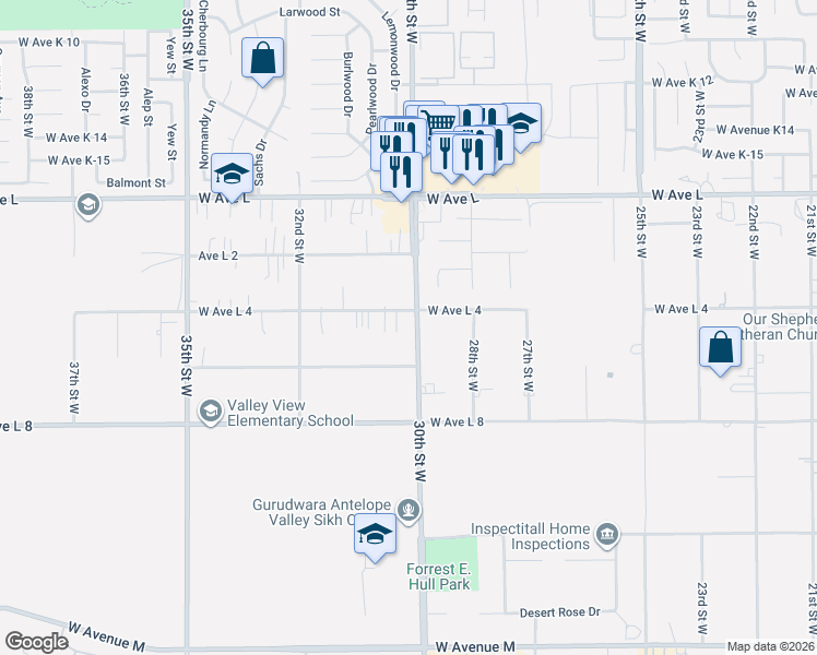 map of restaurants, bars, coffee shops, grocery stores, and more near 42545 30th Street West in Lancaster