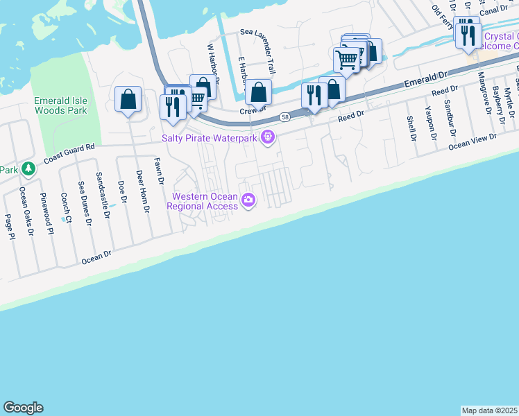 map of restaurants, bars, coffee shops, grocery stores, and more near 102 Islander Drive in Emerald Isle