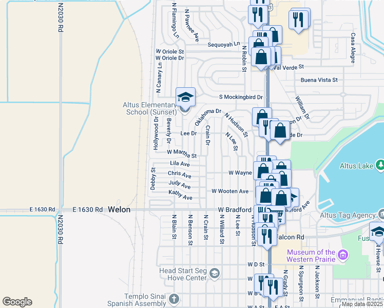 map of restaurants, bars, coffee shops, grocery stores, and more near 1701 Oklahoma Drive in Altus