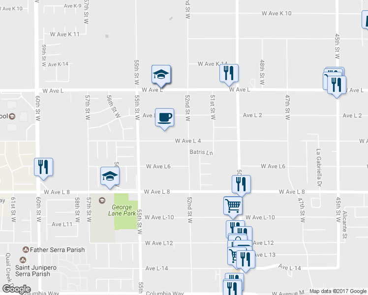 map of restaurants, bars, coffee shops, grocery stores, and more near 5216 West Avenue L4 in Lancaster