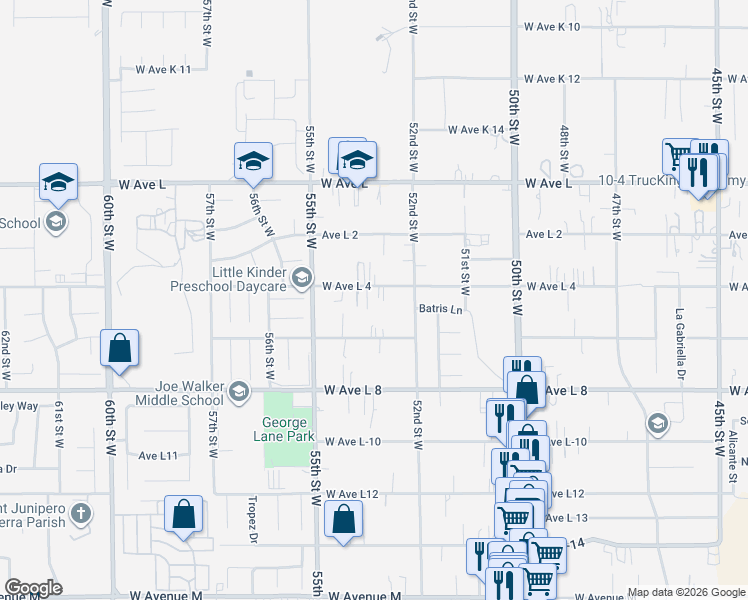 map of restaurants, bars, coffee shops, grocery stores, and more near 5302 West Avenue L4 in Lancaster