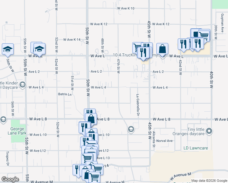 map of restaurants, bars, coffee shops, grocery stores, and more near 4716 West Avenue L4 in Quartz Hill