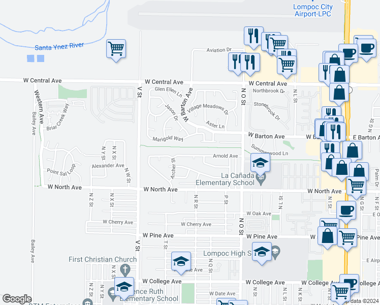 map of restaurants, bars, coffee shops, grocery stores, and more near 1117 Arnold Avenue in Lompoc