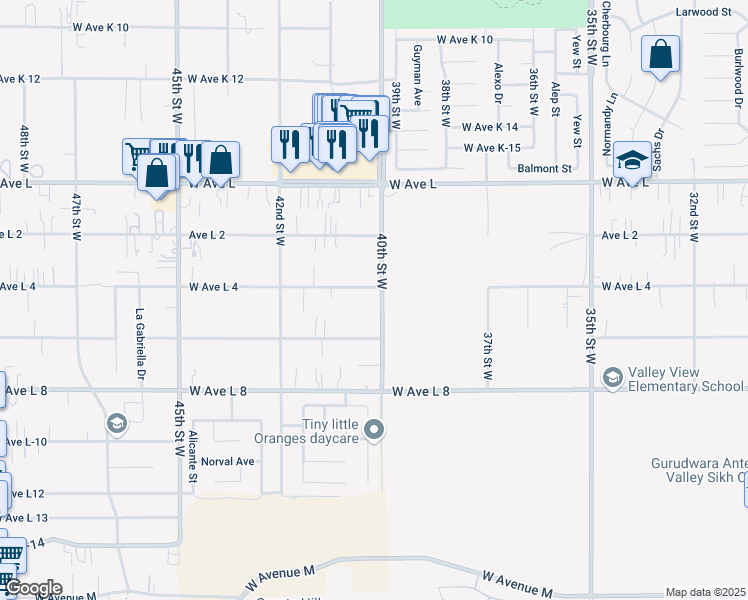 map of restaurants, bars, coffee shops, grocery stores, and more near 42553 40th Street West in Lancaster