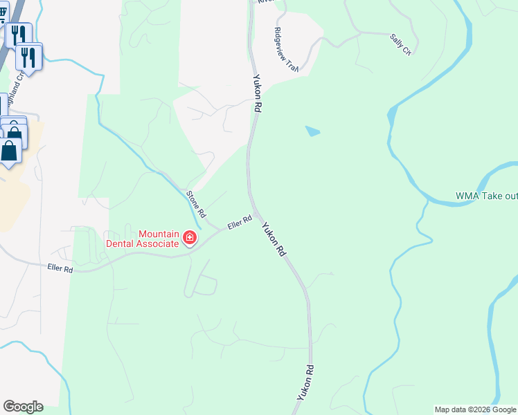 map of restaurants, bars, coffee shops, grocery stores, and more near 1525 Yukon Road in Ellijay