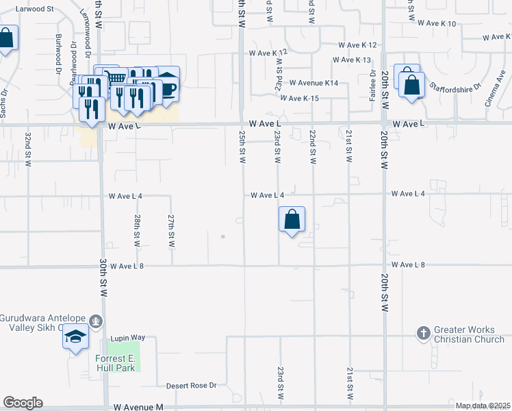 map of restaurants, bars, coffee shops, grocery stores, and more near 2338 West Avenue L4 in Lancaster