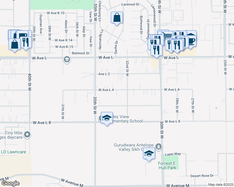 map of restaurants, bars, coffee shops, grocery stores, and more near 3238 West Avenue L4 in Lancaster