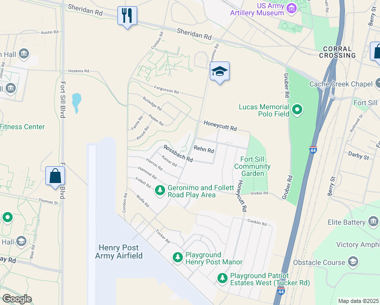 map of restaurants, bars, coffee shops, grocery stores, and more near 5720 Geronimo Road in Lawton