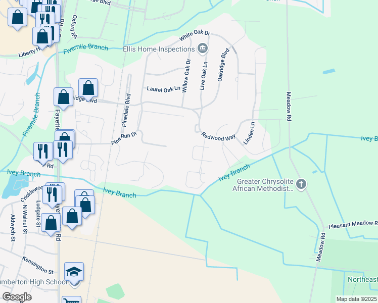 map of restaurants, bars, coffee shops, grocery stores, and more near 514 Hickory Leaf Court in Lumberton