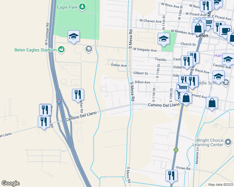 map of restaurants, bars, coffee shops, grocery stores, and more near 1609 Velta Drive in Belen