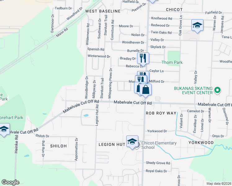 map of restaurants, bars, coffee shops, grocery stores, and more near 7919 Impala Drive in Little Rock