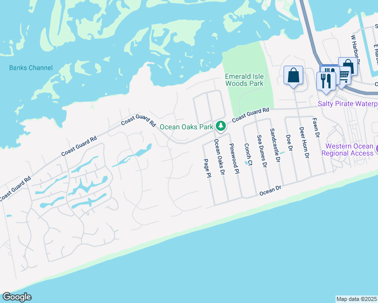 map of restaurants, bars, coffee shops, grocery stores, and more near 9715 Poseidon Rd in Emerald Isle