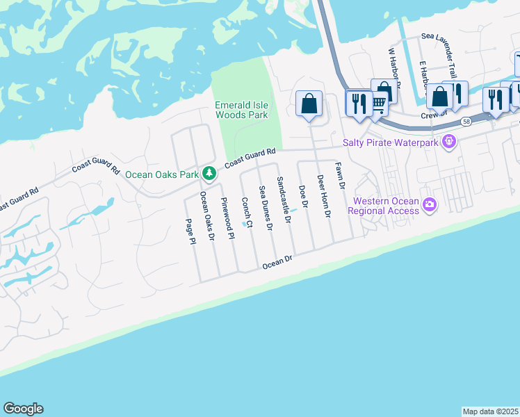 map of restaurants, bars, coffee shops, grocery stores, and more near 123 Sea Dunes Drive in Emerald Isle