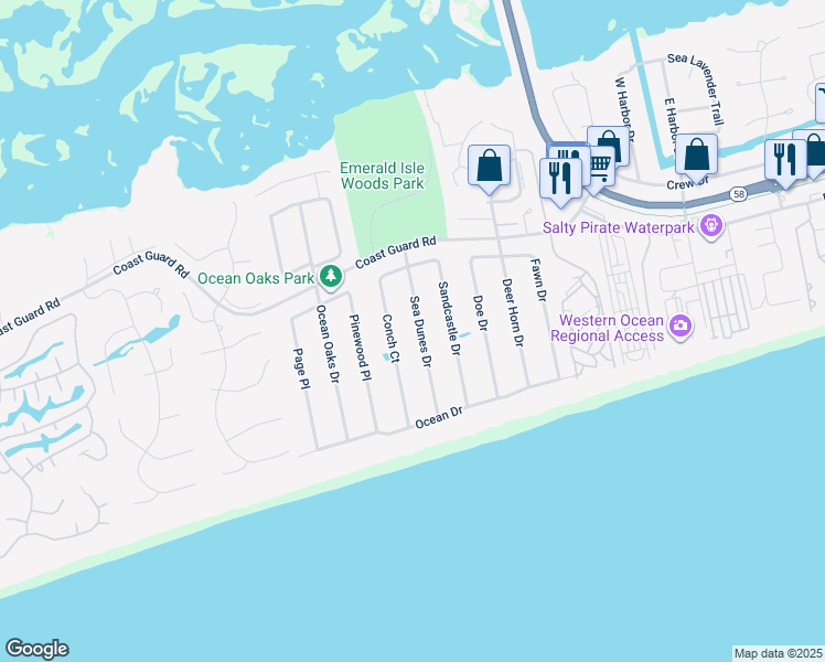 map of restaurants, bars, coffee shops, grocery stores, and more near 123 Sea Dunes Drive in Emerald Isle