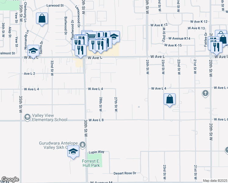 map of restaurants, bars, coffee shops, grocery stores, and more near 2706 West Avenue L4 in Lancaster