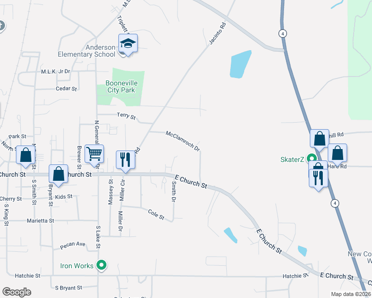 map of restaurants, bars, coffee shops, grocery stores, and more near 109 McClamroch Drive in Booneville