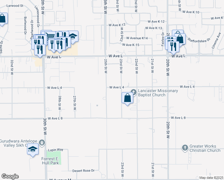 map of restaurants, bars, coffee shops, grocery stores, and more near 2338 West Avenue L4 in Lancaster