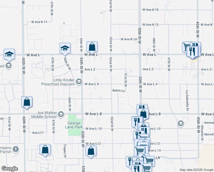 map of restaurants, bars, coffee shops, grocery stores, and more near 5216 West Avenue L4 in Lancaster