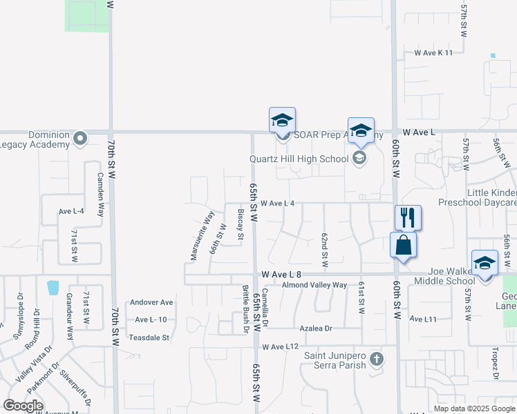 map of restaurants, bars, coffee shops, grocery stores, and more near 42558 65th Street West in Lancaster