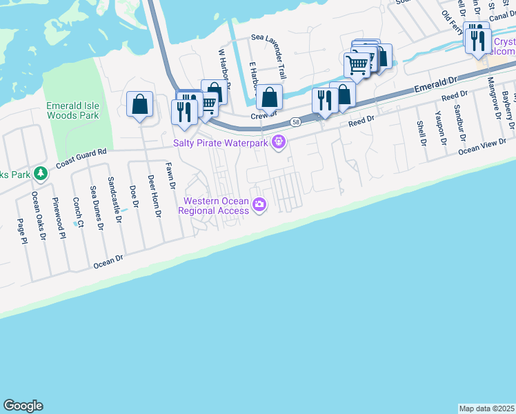 map of restaurants, bars, coffee shops, grocery stores, and more near 9003 Louise Drive in Emerald Isle