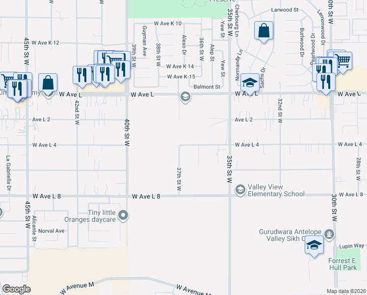 map of restaurants, bars, coffee shops, grocery stores, and more near 42556 37th Street West in Lancaster