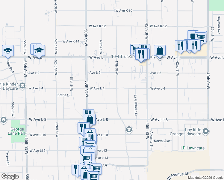 map of restaurants, bars, coffee shops, grocery stores, and more near 4716 West Avenue L4 in Quartz Hill
