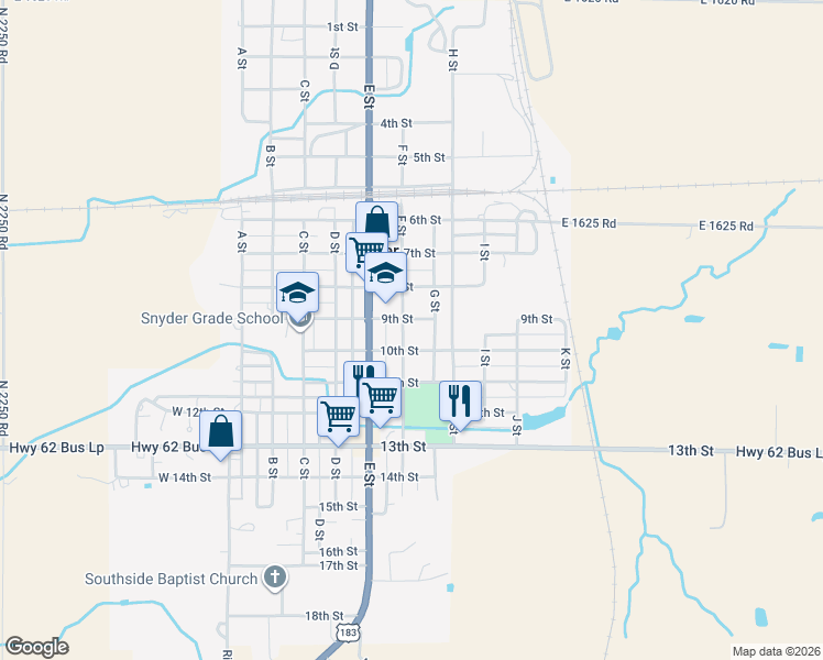 map of restaurants, bars, coffee shops, grocery stores, and more near 601 10th Street in Snyder