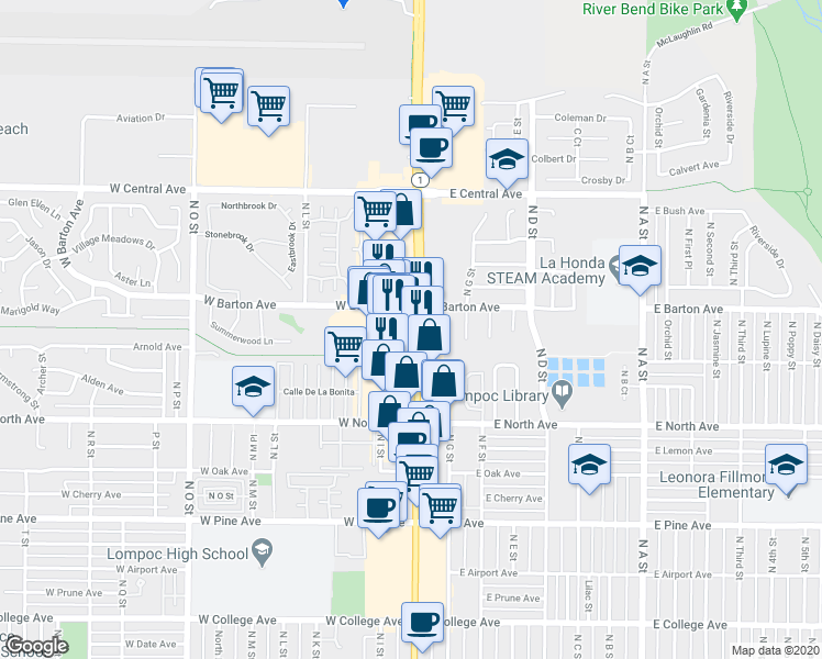 map of restaurants, bars, coffee shops, grocery stores, and more near 1102 Cabrillo Highway in Lompoc