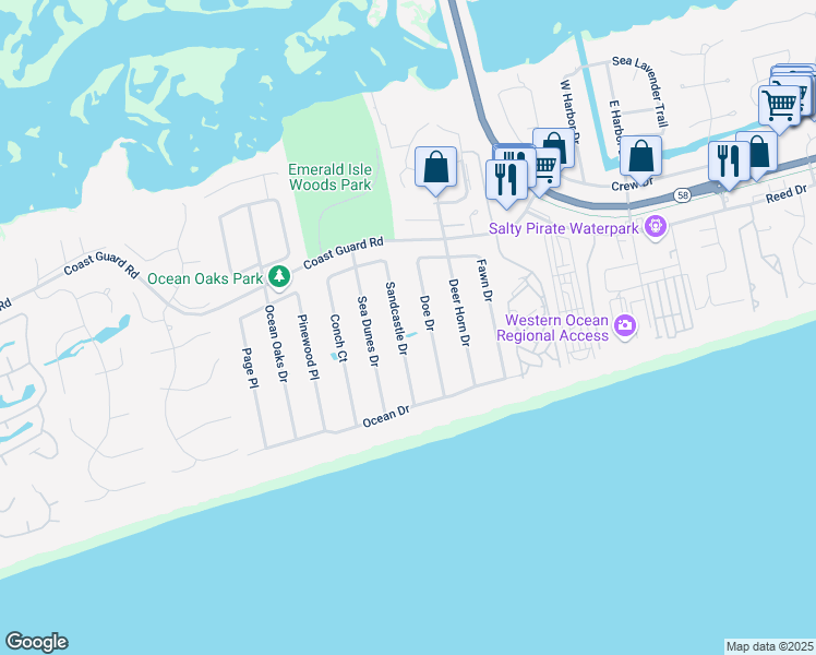 map of restaurants, bars, coffee shops, grocery stores, and more near 120 Sandcastle Drive in Emerald Isle
