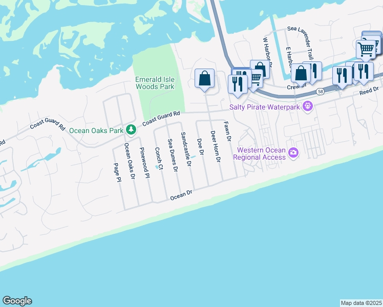map of restaurants, bars, coffee shops, grocery stores, and more near 120 Sandcastle Drive in Emerald Isle