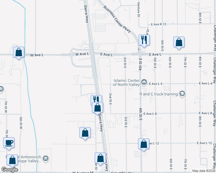 map of restaurants, bars, coffee shops, grocery stores, and more near 120 East Avenue L 4 in Lancaster