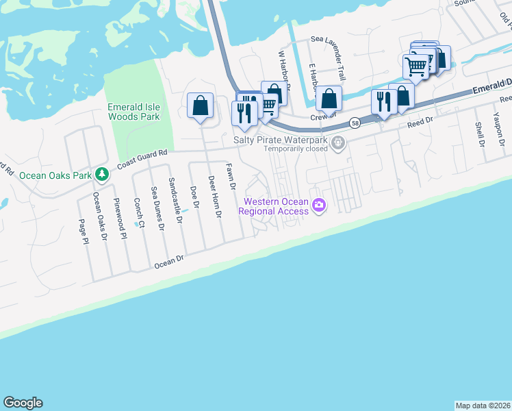 map of restaurants, bars, coffee shops, grocery stores, and more near 146 Fawn Dr in Emerald Isle